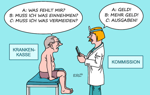 Cartoon: Diagnose (medium) by Erl tagged politik,gesundheit,krankenkassen,finanzloch,geld,regierung,kommission,diagnose,reform,einnahmen,ausgaben,karikatur,erl,politik,gesundheit,krankenkassen,finanzloch,geld,regierung,kommission,diagnose,reform,einnahmen,ausgaben,karikatur,erl