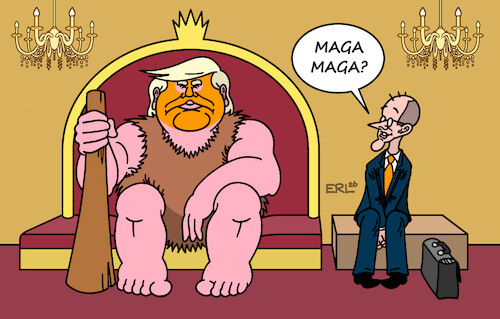 Cartoon: Die richtigen Worte (medium) by Erl tagged politik,usa,trump,krieg,iran,bruch,völkerrecht,recht,des,stärkeren,steinzeit,besuch,kanzler,merz,worte,maga,karikatur,erl,politik,usa,trump,krieg,iran,bruch,völkerrecht,recht,des,stärkeren,steinzeit,besuch,kanzler,merz,worte,maga,karikatur,erl