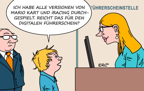 Cartoon: Digitaler Führerschein (medium) by Erl tagged politik,digitaler,führerschein,digitalisierung,abbau,bürokratie,video,computerspiele,autorennen,auto,karikatur,erl,politik,digitaler,führerschein,digitalisierung,abbau,bürokratie,video,computerspiele,autorennen,auto,karikatur,erl