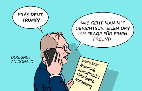 Cartoon: Dobrindt an Donald (medium) by Erl tagged politik,migration,asyl,innenminister,dobrindt,abweisung,grenze,rechtswidrig,gericht,trump,tipps,karikatur,erl,politik,migration,asyl,innenminister,dobrindt,abweisung,grenze,rechtswidrig,gericht,trump,tipps,karikatur,erl