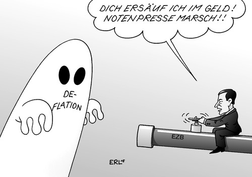 Cartoon: Draghi (medium) by Erl tagged ezb,präsident,chef,marion,draghi,europäische,zentralbank,geld,politik,euro,krise,deflation,ankauf,staatsanleihen,geldflut,inflation,notenpresse,drucken,finanzen,wirtschaft