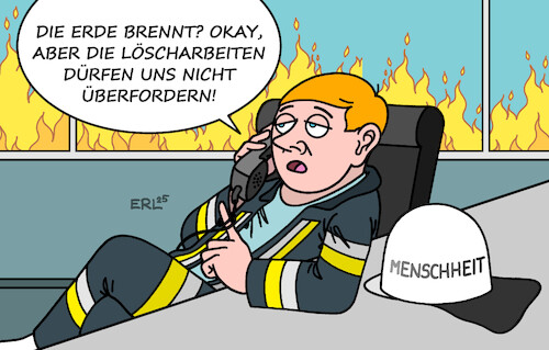 Cartoon: Dringlichkeit erkannt (medium) by Erl tagged politik,klima,klimawandel,erderwärmung,extremwetter,klimagipfel,menschheit,träge,erde,brand,feuerwehr,karikatur,erl,politik,klima,klimawandel,erderwärmung,extremwetter,klimagipfel,menschheit,träge,erde,brand,feuerwehr,karikatur,erl
