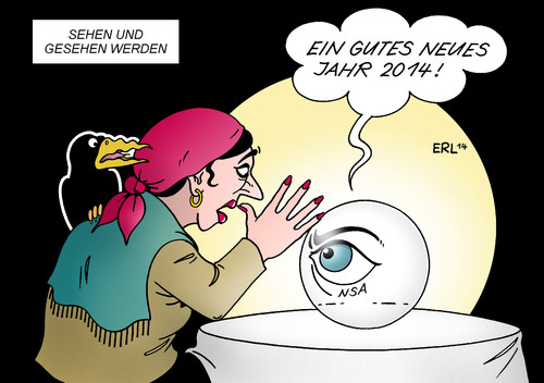 Cartoon: Ein gutes neues Jahr! (medium) by Erl tagged neujahr,2014,ausblick,hellsehen,wahrsagen,wahrsagerin,sehen,kugel,glaskugel,kristallkugel,nsa,geheimdienst,usa,überwaxgung,beobachtung,auge,glückwunsch,jahr,rabe,karikatur,erl,neujahr,2014,ausblick,hellsehen,wahrsagen,wahrsagerin,sehen,kugel,glaskugel,kristallkugel,nsa,geheimdienst,usa,überwaxgung,beobachtung,auge,glückwunsch,jahr,rabe