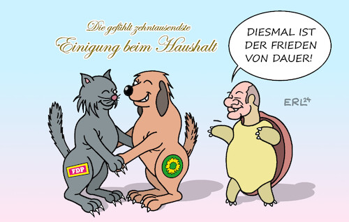 Cartoon: Einigung (medium) by Erl tagged politik,bundesregierung,ampel,spd,grüne,fdp,dauerstreit,haushalt,2025,einigung,einwand,streit,wiederholung,hund,katz,katze,schildkröte,frieden,lindner,habeck,scholz,karikatur,erl,politik,bundesregierung,ampel,spd,grüne,fdp,dauerstreit,haushalt,2025,einigung,einwand,streit,wiederholung,hund,katz,katze,schildkröte,frieden,lindner,habeck,scholz,karikatur,erl