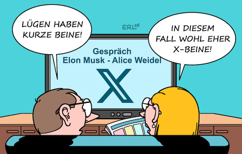 Cartoon: Elon Musk Alice Weidel (medium) by Erl tagged politik,elon,musk,gespräch,alice,weidel,fake,news,lügen,rechtsextremismus,nationalismus,karikatur,erl,politik,elon,musk,gespräch,alice,weidel,fake,news,lügen,rechtsextremismus,nationalismus,karikatur,erl