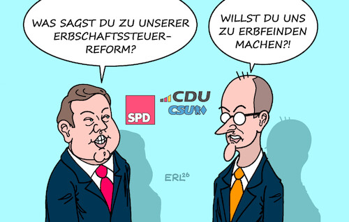 Cartoon: Erbschaftssteuer (medium) by Erl tagged politik,spd,reform,erbschaftssteuer,steuer,erben,haus,konflikt,koalition,cdu,csu,merz,klingbeil,karikatur,erl,politik,spd,reform,erbschaftssteuer,steuer,erben,haus,konflikt,koalition,cdu,csu,merz,klingbeil,karikatur,erl