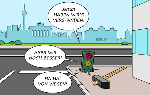 Cartoon: Es geht weiter (medium) by Erl tagged politik,wahl,landtagswahl,wahlen,landtagswahlen,thüringen,wahlsieger,afd,rechtsextrem,björn,höcke,faschist,gefahr,demokratie,sachsen,cdu,koalition,bsw,friedrich,merz,sahra,wagenknecht,positionen,weit,auseinender,ampel,streit,regieren,schwer,wählerinnen,wähler,denkzettel,hammer,union,frage,kanzlerkandidat,söder,karikatur,erl,politik,wahl,landtagswahl,wahlen,landtagswahlen,thüringen,wahlsieger,afd,rechtsextrem,björn,höcke,faschist,gefahr,demokratie,sachsen,cdu,koalition,bsw,friedrich,merz,sahra,wagenknecht,positionen,weit,auseinender,ampel,streit,regieren,schwer,wählerinnen,wähler,denkzettel,hammer,union,frage,kanzlerkandidat,söder,karikatur,erl