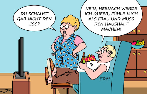 Cartoon: ESC (medium) by Erl tagged politik,kultur,musik,eurovision,song,contest,esc,sängerin,sänger,queer,fernsehen,zuschauer,cismann,hausfrau,karikatur,erl,politik,kultur,musik,eurovision,song,contest,esc,sängerin,sänger,queer,fernsehen,zuschauer,cismann,hausfrau,karikatur,erl