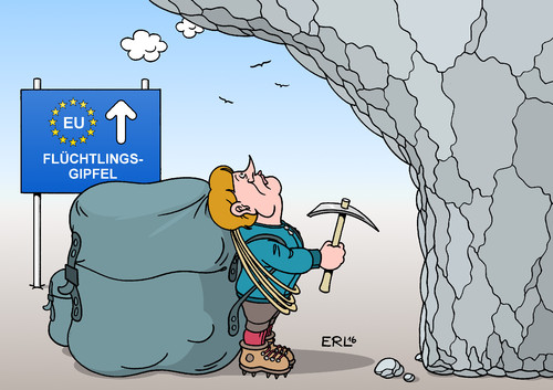 Cartoon: EU-Gipfel (medium) by Erl tagged flüchtlinge,eu,aufnahme,solidarität,egoismus,isolation,bundeskanzlerin,angela,merkel,deutschland,gipfel,steil,bergsteigen,klettern,rucksack,seil,pickel,berg,fels,karikatur,erl,flüchtlinge,eu,aufnahme,solidarität,egoismus,isolation,bundeskanzlerin,angela,merkel,deutschland,gipfel,steil,bergsteigen,klettern,rucksack,seil,pickel,berg,fels,karikatur,erl