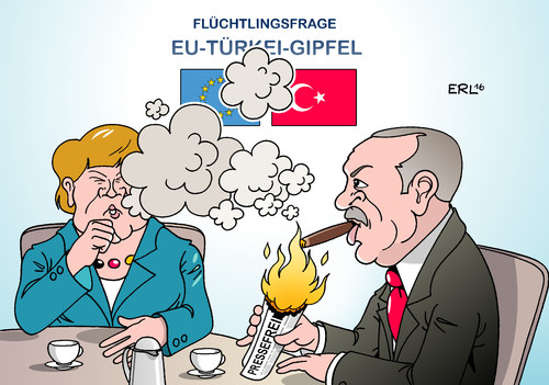 Cartoon: EU-Türkei-Gipfel (medium) by Erl tagged eu,türkei,gipfel,flüchtlinge,flüchtlingskrise,merkel,erdogan,pressefreiheit,rauchen,zigarre,presse,freiheit,zeitung,zaman,übernahme,regierung,karikatur,erl,eu,türkei,gipfel,flüchtlinge,flüchtlingskrise,merkel,erdogan,pressefreiheit,rauchen,zigarre,presse,freiheit,zeitung,zaman,übernahme,regierung,karikatur,erl