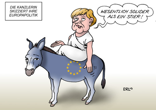 Cartoon: Europa Merkel (medium) by Erl tagged bundeskanzlerin,angela,merkel,wiederwahl,regierungserklärung,eu,europa,politik,europapolitik,skizzieren,sparkurs,schulden,stabilität,solidarität,solidität,solide,esel,stier,karikatur,erl,bundeskanzlerin,angela,merkel,wiederwahl,regierungserklärung,eu,europa,politik,europapolitik,skizzieren,sparkurs,schulden,stabilität,solidarität,solidität,solide,esel,stier