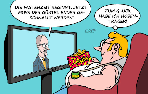 Cartoon: Fastenzeit (medium) by Erl tagged politik,karneval,fastnacht,fasching,aschermittwoch,fastenzeit,merz,verzicht,gürtel,hosenträger,bier,chips,karikatur,erl,politik,karneval,fastnacht,fasching,aschermittwoch,fastenzeit,merz,verzicht,gürtel,hosenträger,bier,chips,karikatur,erl