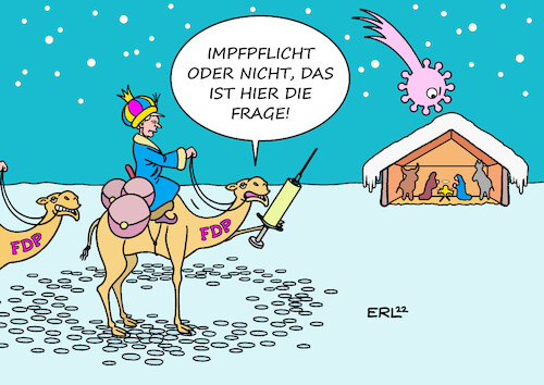 Cartoon: FDP Impfpflicht (medium) by Erl tagged politik,fdp,dreikönigstreffen,gewissensfrage,impfpflicht,hamlet,partei,liberales,profil,christian,lindner,dilemma,kamel,heilige,drei,könige,geschenke,corona,virus,pandemie,covid19,fünfte,welle,omikron,stall,betlehem,stern,krippe,jesus,maria,josef,ochs,esel,karikatur,erl,politik,fdp,dreikönigstreffen,gewissensfrage,impfpflicht,hamlet,partei,liberales,profil,christian,lindner,dilemma,kamel,heilige,drei,könige,geschenke,corona,virus,pandemie,covid19,fünfte,welle,omikron,stall,betlehem,stern,krippe,jesus,maria,josef,ochs,esel,karikatur,erl