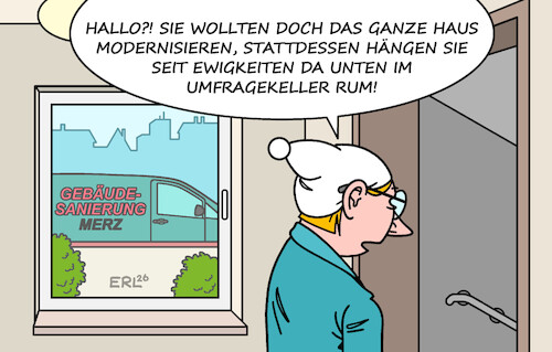 Cartoon: Fleißige Handwerker (medium) by Erl tagged politik,bundesregierung,schwarz,rot,cdu,csu,spd,bundeskanzler,merz,jahr,amt,deutschland,reformen,modernisierung,umfragekeller,michel,karikatur,erl,politik,bundesregierung,schwarz,rot,cdu,csu,spd,bundeskanzler,merz,jahr,amt,deutschland,reformen,modernisierung,umfragekeller,michel,karikatur,erl
