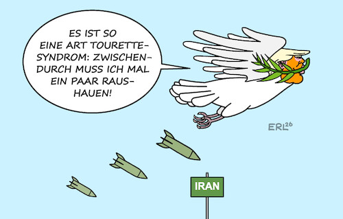 Cartoon: Friedenstaube II (medium) by Erl tagged politik,usa,trump,irankrieg,friedensverhandlungen,angriffe,friedenstaube,bomben,raketen,tourette,syndrom,karikatur,erl,politik,usa,trump,irankrieg,friedensverhandlungen,angriffe,friedenstaube,bomben,raketen,tourette,syndrom,karikatur,erl