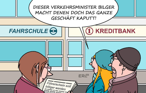 Cartoon: Führerschein (medium) by Erl tagged politik,verkehr,auto,führerschein,kosten,verkehrsminister,bilger,billiger,protest,fahrschule,kreditbank,karikatur,erl,politik,verkehr,auto,führerschein,kosten,verkehrsminister,bilger,billiger,protest,fahrschule,kreditbank,karikatur,erl
