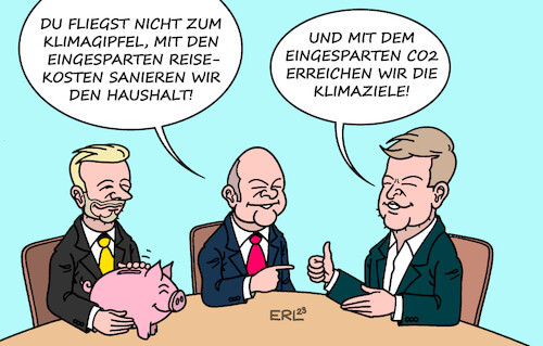 Cartoon: Galgenhumor (medium) by Erl tagged politik,bundesregierung,ampel,umgehung,schuldenbremse,verfassungswidrig,urteil,karlsruhe,haushaltsloch,milliardenloch,suche,geld,euro,finanzminister,christian,lindner,fdp,einsparungen,sparschwein,bundeskanzler,olaf,scholz,galgenhumor,klimagipfel,einsparung,flug,wirtschaftsminister,klimaminister,robert,habeck,reisekosten,sanierung,haushalt,co2,erreichen,klimaziele,klima,klimawandel,erderwärmung,karikatur,erl,politik,bundesregierung,ampel,umgehung,schuldenbremse,verfassungswidrig,urteil,karlsruhe,haushaltsloch,milliardenloch,suche,geld,euro,finanzminister,christian,lindner,fdp,einsparungen,sparschwein,bundeskanzler,olaf,scholz,galgenhumor,klimagipfel,einsparung,flug,wirtschaftsminister,klimaminister,robert,habeck,reisekosten,sanierung,haushalt,co2,erreichen,klimaziele,klima,klimawandel,erderwärmung,karikatur,erl