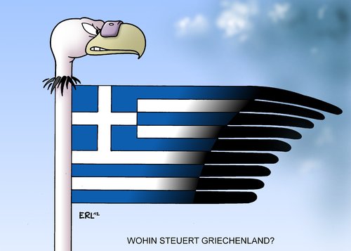 Cartoon: Griechenland (medium) by Erl tagged griechenland,schulden,banken,krise,sparkurs,iwf,ezb,eu,troika,vorgaben,staat,staatsbankrott,pleite,pleitegeier,flagge,richtung