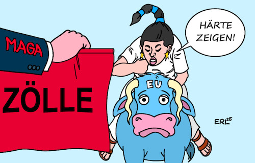 Cartoon: Härte (medium) by Erl tagged politik,usa,trump,zölle,strafzölle,eu,reaktion,entgegenkommen,härte,europa,stier,tuch,rot,maga,karikatur,erl,politik,usa,trump,zölle,strafzölle,eu,reaktion,entgegenkommen,härte,europa,stier,tuch,rot,maga,karikatur,erl