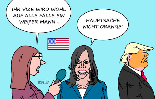 Cartoon: Harris Vize (medium) by Erl tagged politik,usa,wahl,präsidentschaft,präsidentschaftwahl,präsident,joe,biden,rückzug,kandidatur,demokraten,kandidatin,vizepräsidentin,kamala,harris,suche,vizepräsident,mann,weiß,kandidat,republikaner,donald,trump,make,up,teint,hautfarbe,orange,karikatur,erl,politik,usa,wahl,präsidentschaft,präsidentschaftwahl,präsident,joe,biden,rückzug,kandidatur,demokraten,kandidatin,vizepräsidentin,kamala,harris,suche,vizepräsident,mann,weiß,kandidat,republikaner,donald,trump,make,up,teint,hautfarbe,orange,karikatur,erl