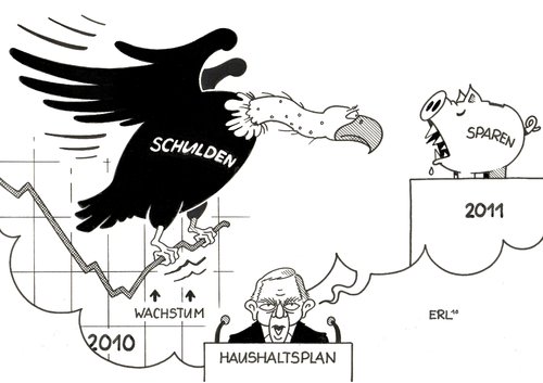 Cartoon: Haushaltsplan (medium) by Erl tagged wolfgang schäuble,schulden,haushalt,wachstum,sparen,sparschwein,pleitegeier,wolfgang,schäuble