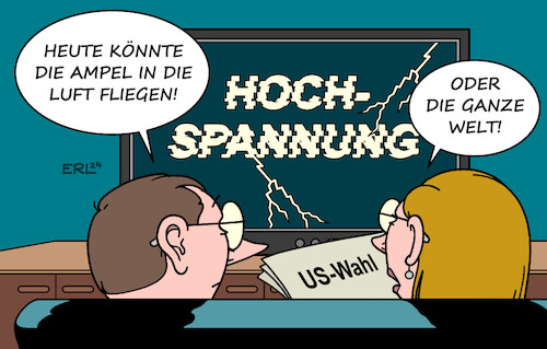 Cartoon: Hochspannung (medium) by Erl tagged politik,ampel,streit,ende,usa,wahl,harris,trump,erde,welt,hochspannung,karikatur,erl,politik,ampel,streit,ende,usa,wahl,harris,trump,erde,welt,hochspannung,karikatur,erl