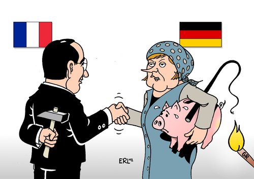 Cartoon: Hollande Merkel (medium) by Erl tagged griechenland,feuer,hammer,bedrohung,peitsche,sparkurs,merkel,angela,bundeskanzlerin,präsident,hollande,francois,wahlsieger,europa,eu,berlin,paris,achse,deutschland,frankreich,frankreich,deutschland,achse,paris,berlin,eu,europa,wahlsieger,hollande,bundeskanzlerin,merkel,sparkurs