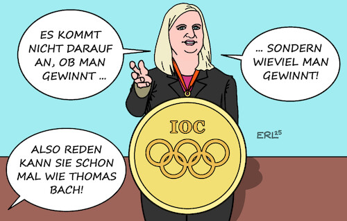 Cartoon: IOC (medium) by Erl tagged politik,sport,olympia,ioc,präsident,thomas,bach,nachfolgerin,kirsty,coventry,geld,gewinn,geldgier,karikatur,erl,politik,sport,olympia,ioc,präsident,thomas,bach,nachfolgerin,kirsty,coventry,geld,gewinn,geldgier,karikatur,erl