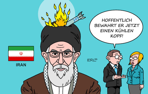 Cartoon: Iran (medium) by Erl tagged politik,nahost,raketen,angriff,golanhöhen,israel,tötung,führer,hamas,hibollah,rache,vergeltung,reaktion,iran,gefahr,krieg,wunsch,besonnenheit,kühler,kopf,rakete,feuer,karikatur,erl,politik,nahost,raketen,angriff,golanhöhen,israel,tötung,führer,hamas,hibollah,rache,vergeltung,reaktion,iran,gefahr,krieg,wunsch,besonnenheit,kühler,kopf,rakete,feuer,karikatur,erl