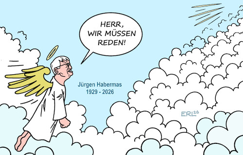 Cartoon: Jürgen Habermas (medium) by Erl tagged politik,philosophie,tod,jürgen,habermas,denker,kommunikation,handeln,diskurs,zustand,welt,fragen,gott,karikatur,erl,politik,philosophie,tod,jürgen,habermas,denker,kommunikation,handeln,diskurs,zustand,welt,fragen,gott,karikatur,erl