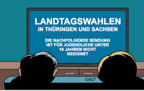 Cartoon: Jugendschutz (medium) by Erl tagged politik,wahl,wahlen,landtagswahl,landtagswahlen,thüringen,sachsen,osten,ostdeutschland,prognosen,umfragen,sieger,afd,rechtsextrem,björn,höcke,faschist,erschütterung,denkzettel,bundesregierung,ampel,wahlsendung,ergebnisse,jugendschutz,sendung,jugendliche,unter,16,jahre,nicht,geeignet,fernsehen,karikatur,erl,politik,wahl,wahlen,landtagswahl,landtagswahlen,thüringen,sachsen,osten,ostdeutschland,prognosen,umfragen,sieger,afd,rechtsextrem,björn,höcke,faschist,erschütterung,denkzettel,bundesregierung,ampel,wahlsendung,ergebnisse,jugendschutz,sendung,jugendliche,unter,16,jahre,nicht,geeignet,fernsehen,karikatur,erl