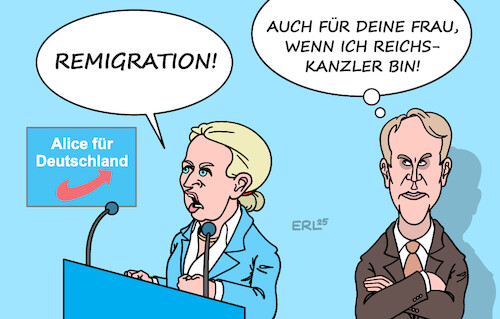 Cartoon: Kanzlerkandidatin Weidel (medium) by Erl tagged politik,afd,kanzlerkandidatin,alice,weidel,rechtsruck,remigration,alles,für,deutschland,reichskanzler,höcke,karikatur,erl,politik,afd,kanzlerkandidatin,alice,weidel,rechtsruck,remigration,alles,für,deutschland,reichskanzler,höcke,karikatur,erl