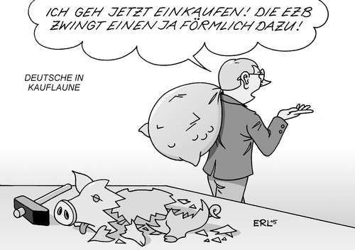 Cartoon: Kauflaune (medium) by Erl tagged konsum,konsumklima,konsumklimaindex,index,gfk,kauflaune,deutsche,deutschland,arbeit,einkommen,aussichten,optimismus,ezb,eu,zentralbank,niedrigzins,niedrigzinspolitik,inflation,deflation,euro,krise,geld,wirtschaft,finanzen,einkauf,einkaufen,kaufen