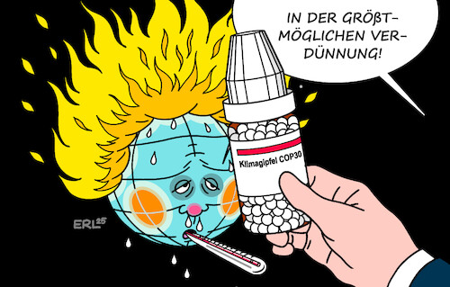 Cartoon: Klimagipfel COP30 (medium) by Erl tagged politik,klimagipfel,cop30,homöopathie,erde,fieber,karikatur,erl,politik,klimagipfel,cop30,homöopathie,erde,fieber,karikatur,erl