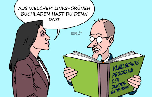 Cartoon: Klimaschutzprogramm (medium) by Erl tagged politik,regierung,cdu,csu,spd,klimaschutzprogramm,kanzler,merz,skepsis,wirtschaftsministerin,reiche,buchladen,karikatur,erl,politik,regierung,cdu,csu,spd,klimaschutzprogramm,kanzler,merz,skepsis,wirtschaftsministerin,reiche,buchladen,karikatur,erl