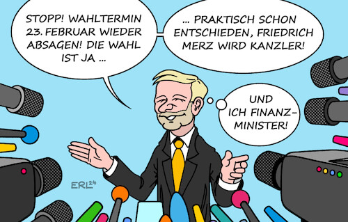 Cartoon: Kommando zurück (medium) by Erl tagged politik,ampel,aus,neuwahlen,termin,februar,lindner,entscheidung,merz,kanzler,finanzminister,karikatur,erl,politik,ampel,aus,neuwahlen,termin,februar,lindner,entscheidung,merz,kanzler,finanzminister,karikatur,erl