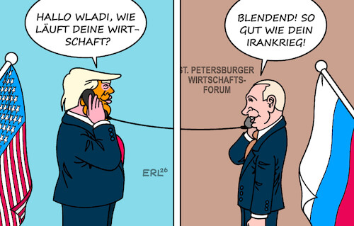 Cartoon: Läuft (medium) by Erl tagged politik,krieg,putin,ukraine,russland,wirtschaft,schwierigkeiten,usa,trump,irankrieg,karikatur,erl,politik,krieg,putin,ukraine,russland,wirtschaft,schwierigkeiten,usa,trump,irankrieg,karikatur,erl