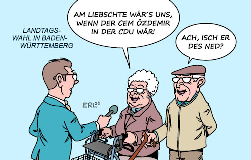 Cartoon: Landtagswahl (medium) by Erl tagged politik,landtagswahl,baden,württemberg,cdu,manuel,hagel,grüne,cem,özdemir,beliebtheit,karikatur,erl,politik,landtagswahl,baden,württemberg,cdu,manuel,hagel,grüne,cem,özdemir,beliebtheit,karikatur,erl