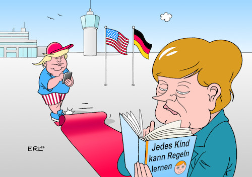Cartoon: Merkel bei Trump (medium) by Erl tagged bundeskanzlerin,angela,merkel,besuch,usa,präsident,donald,trump,rechtspopulismus,frauenfeindlichkeit,sexismus,rassismus,america,first,abschottung,befürchtung,handelskrieg,verhältnis,neuland,regeln,narzissmus,infantilität,smartphone,twitter,karikatur,erl,merkel,usa,trump
