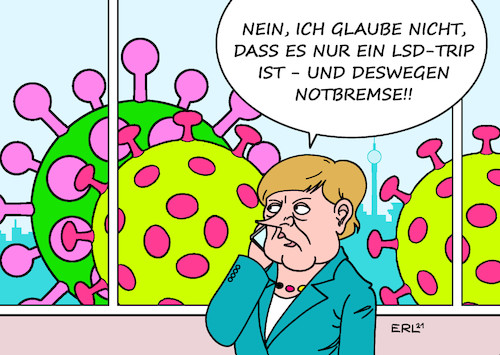 Cartoon: Merkel greift durch II (medium) by Erl tagged politik,corona,virus,pandemie,covid19,maßnahmen,beschlüsse,bundeskanzlerin,angela,merkel,ministerpräsidentinnen,ministerpräsidenten,mpk,lockdown,notbremse,lockerungen,eingreifen,rüge,lsd,trip,karikatur,erl,politik,corona,virus,pandemie,covid19,maßnahmen,beschlüsse,bundeskanzlerin,angela,merkel,ministerpräsidentinnen,ministerpräsidenten,mpk,lockdown,notbremse,lockerungen,eingreifen,rüge,lsd,trip,karikatur,erl