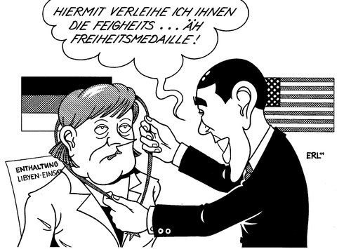 Cartoon: Merkel Obama (medium) by Erl tagged merkel,besuch,barack obama,usa,verleihung,medaille,freiheitsmedaille,deutschland,einsatz,un,enthaltung,nato,libyen,barack,obama