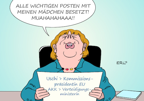 Cartoon: Merkels Mädchen (medium) by Erl tagged politik,ursula,von,der,leyen,eu,kommissionspräsidentin,nachfolgerin,verteidigungsministerin,annegret,kramp,karrenbauer,cdu,vorsitzende,sprungbrett,kanzleramt,besetzung,postenvertraute,zögling,bundeskanzlerin,angela,merkel,spitzname,früher,kohls,mädchen,karikatur,erl,politik,ursula,von,der,leyen,eu,kommissionspräsidentin,nachfolgerin,verteidigungsministerin,annegret,kramp,karrenbauer,cdu,vorsitzende,sprungbrett,kanzleramt,besetzung,postenvertraute,zögling,bundeskanzlerin,angela,merkel,spitzname,früher,kohls,mädchen,karikatur,erl