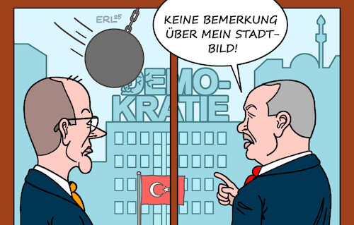 Cartoon: Merz bei Erdogan (medium) by Erl tagged politik,bundeskanzler,merz,besuch,türkei,präsident,erdogan,abbau,demokratie,abrissbirne,stadtbild,migration,karikatur,erl,politik,bundeskanzler,merz,besuch,türkei,präsident,erdogan,abbau,demokratie,abrissbirne,stadtbild,migration,karikatur,erl