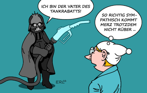 Cartoon: Merz Image (medium) by Erl tagged politik,spritpreis,benzinpreis,bundeskanzler,friedrich,merz,tankrabatt,umfragetief,image,verbesserung,darth,vader,vater,michel,karikatur,erl,politik,spritpreis,benzinpreis,bundeskanzler,friedrich,merz,tankrabatt,umfragetief,image,verbesserung,darth,vader,vater,michel,karikatur,erl