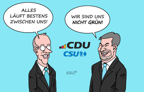 Cartoon: Merz und Söder (medium) by Erl tagged politik,union,cdu,csu,klausur,merz,söder,ablehnung,grüne,karikatur,erl,politik,union,cdu,csu,klausur,merz,söder,ablehnung,grüne,karikatur,erl