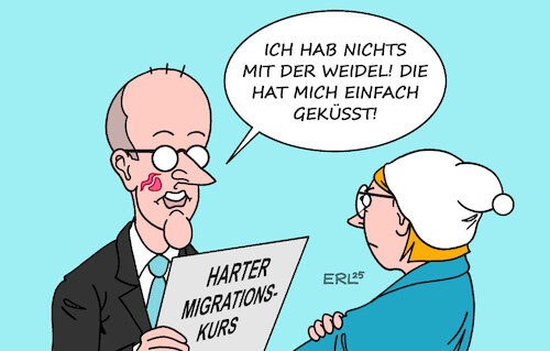 Cartoon: Merz unter Verdacht (medium) by Erl tagged politik,friedrich,merz,cdu,reaktion,aschaffenburg,migrationskurs,lob,afd,alice,weidel,brandmauer,michel,karikatur,erl,politik,friedrich,merz,cdu,reaktion,aschaffenburg,migrationskurs,lob,afd,alice,weidel,brandmauer,michel,karikatur,erl