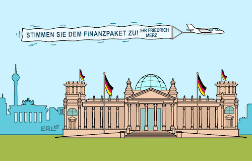 Cartoon: Merz wirbt (medium) by Erl tagged politik,koalition,cdu,csu,spd,finanzpaket,zustimmung,bundestag,merz,werbung,privatjet,karikatur,erl,politik,koalition,cdu,csu,spd,finanzpaket,zustimmung,bundestag,merz,werbung,privatjet,karikatur,erl