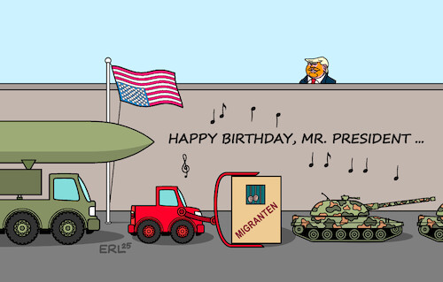 Cartoon: Militärparade (medium) by Erl tagged politik,usa,geburtstag,präsident,donald,trump,demokratie,autokratie,faschismus,abschiebungen,militärparade,karikatur,erl,politik,usa,geburtstag,präsident,donald,trump,demokratie,autokratie,faschismus,abschiebungen,militärparade,karikatur,erl