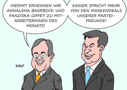 Cartoon: Mitarbeiterinnen des Monats (medium) by Erl tagged politik,annalena,baerbock,kanzlerkandidatin,bündnis,90,die,grünen,grüne,unkorrektheit,angaben,zahlungen,lebenslauf,frisiert,franziska,giffey,spd,aberkennung,doktorarbeit,schummelei,steilvorlage,cdu,csu,kanzlerkandidat,armin,laschet,parteifreunde,deals,masken,maskendeals,corona,pandemie,bereicherung,vergessen,mitarbeiterin,des,monats,karikatur,erl,politik,annalena,baerbock,kanzlerkandidatin,bündnis,90,die,grünen,grüne,unkorrektheit,angaben,zahlungen,lebenslauf,frisiert,franziska,giffey,spd,aberkennung,doktorarbeit,schummelei,steilvorlage,cdu,csu,kanzlerkandidat,armin,laschet,parteifreunde,deals,masken,maskendeals,corona,pandemie,bereicherung,vergessen,mitarbeiterin,des,monats,karikatur,erl