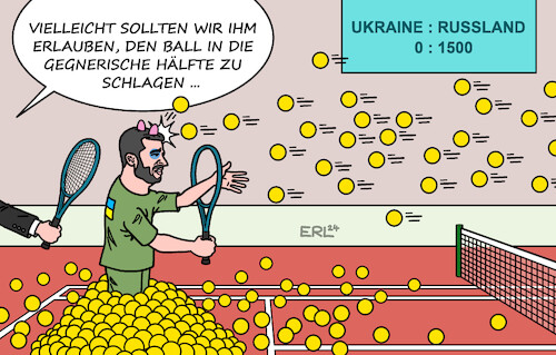 Cartoon: Nachteil Ukraine (medium) by Erl tagged politik,krieg,angriff,überfall,wladimir,putin,russland,ukraine,tod,verletzung,leid,zerstörung,infrastruktur,hilfe,westen,usa,nato,eu,waffenlieferungen,diskussion,reichweite,russisches,territorium,tennis,ball,gegnerische,hälfte,netz,schläger,bespannung,wolodymyr,selenskyj,karikatur,erl,politik,krieg,angriff,überfall,wladimir,putin,russland,ukraine,tod,verletzung,leid,zerstörung,infrastruktur,hilfe,westen,usa,nato,eu,waffenlieferungen,diskussion,reichweite,russisches,territorium,tennis,ball,gegnerische,hälfte,netz,schläger,bespannung,wolodymyr,selenskyj,karikatur,erl